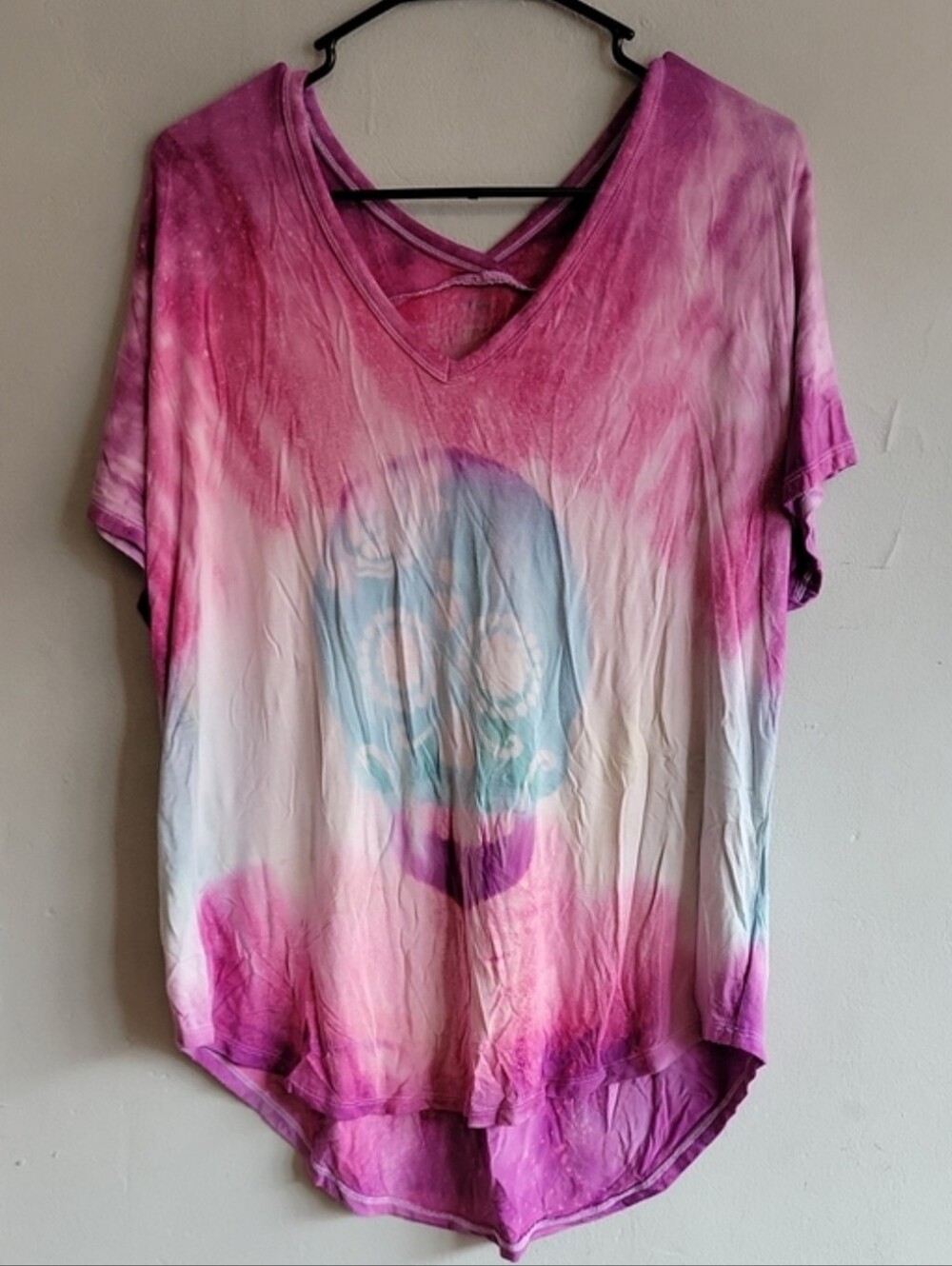 Women's large pink/purple ombre tie-dye short sleeve shirt w/skull